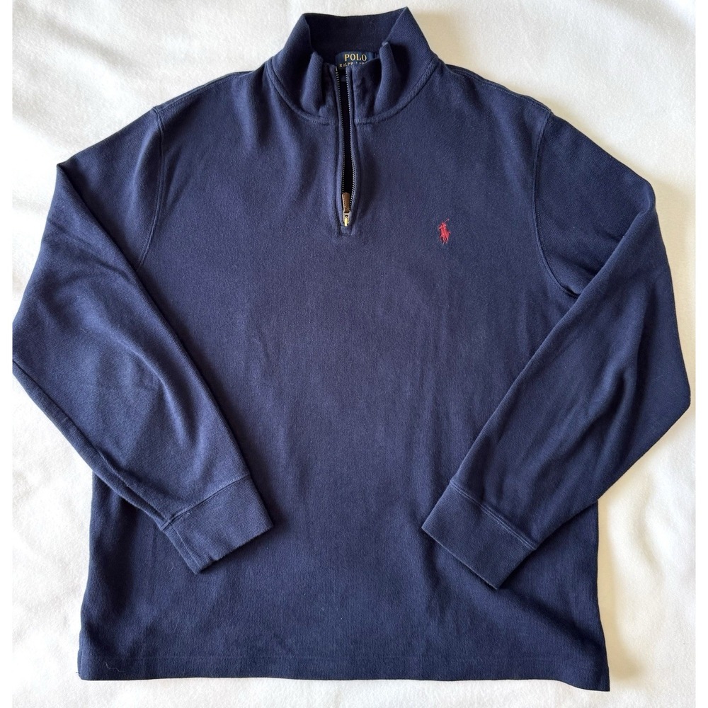 Polo Ralph Lauren Mens Large Quarter Zip Pullover Sweater Navy Red Pony - Picture 4 of 8